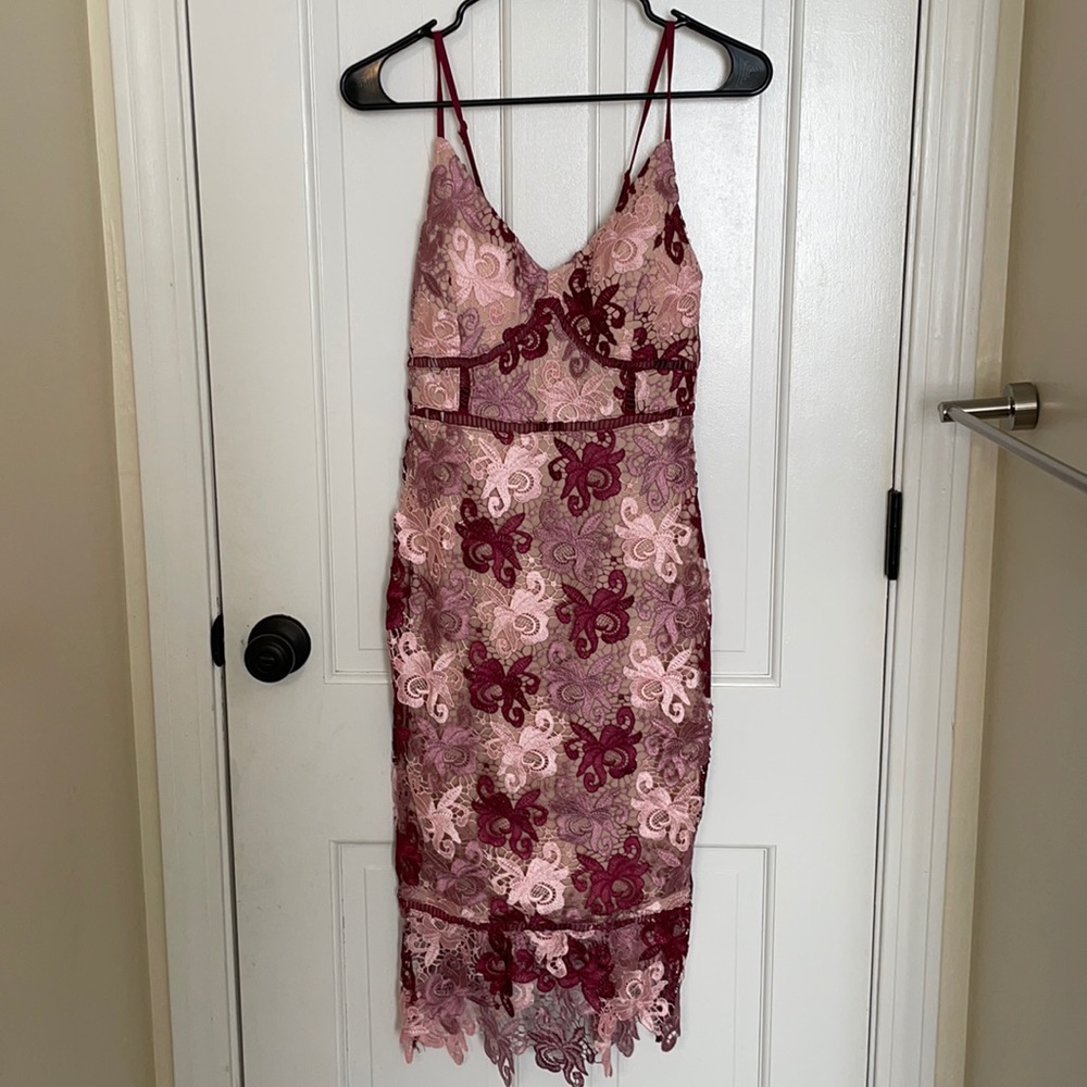 Lulus, lace, pink and maroon, midi dress